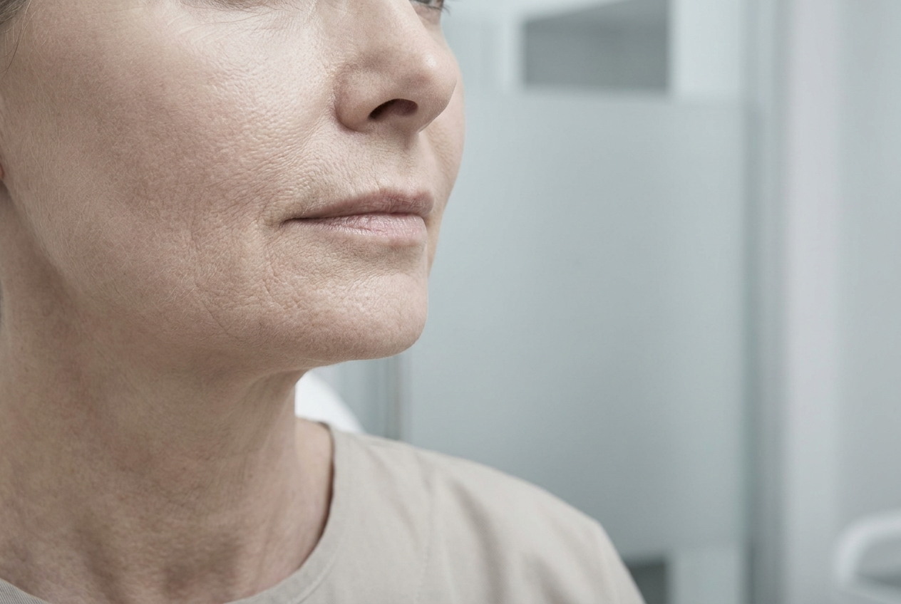Primo piano di pelle matura in luce clinica fredda — pelle e menopausa, Remodermis skincare medica