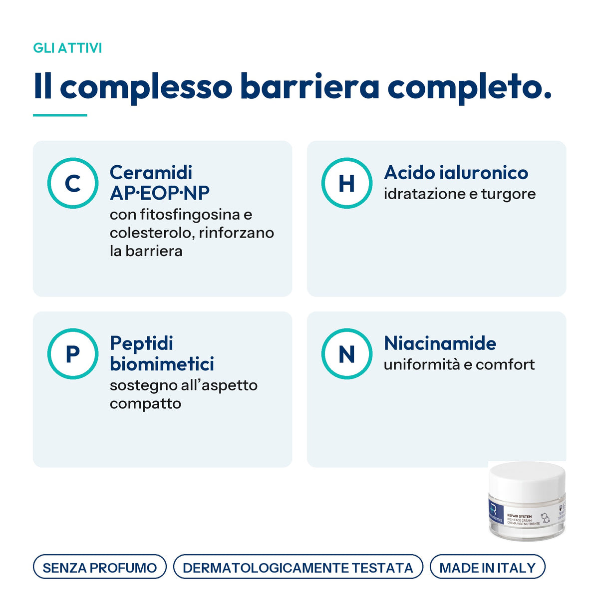 Rich Face Cream, gli attivi: ceramidi AP EOP NP con fitosfingosina e colesterolo, acido ialuronico, peptidi biomimetici, niacinamide