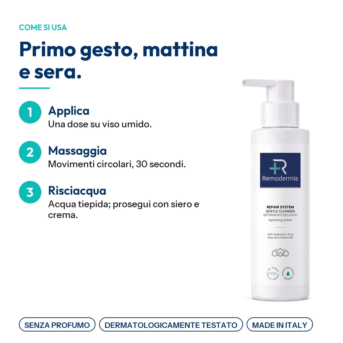Gentle Cleanser, come si usa: applica su viso umido, massaggia 30 secondi, risciacqua con acqua tiepida