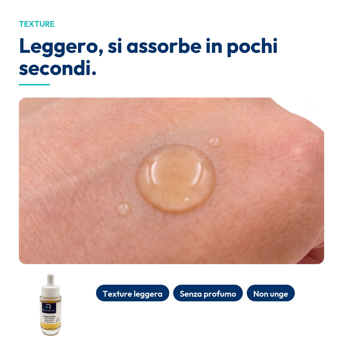 Night Serum, texture: goccia di siero color miele sul dorso della mano, leggero e si assorbe in pochi secondi