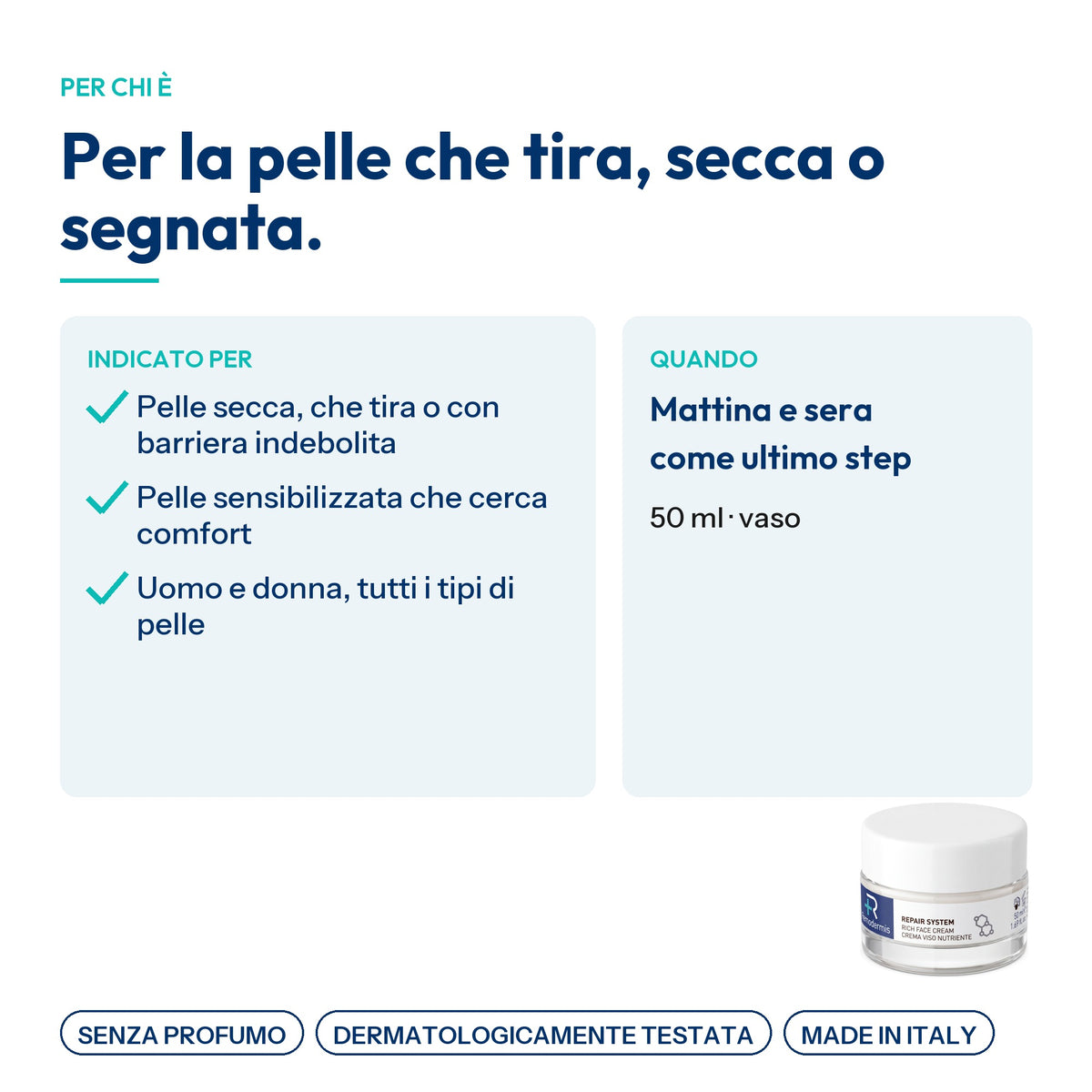 Rich Face Cream, per chi è: pelle secca, che tira o con barriera indebolita, pelle sensibilizzata, uomo e donna. Mattina e sera, 50 ml