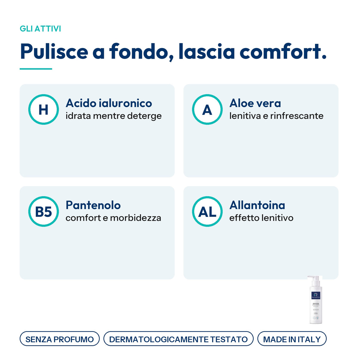 Gentle Cleanser, gli attivi: acido ialuronico, aloe vera, pantenolo (vitamina B5), allantoina