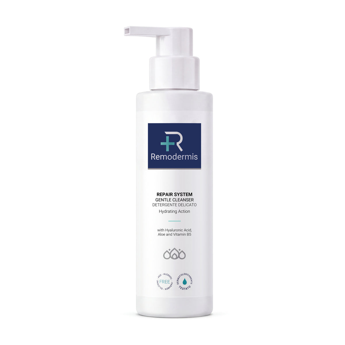 Remodermis Repair System Gentle Cleanser 200 ml, detergente viso delicato – flacone con dosatore su fondo bianco