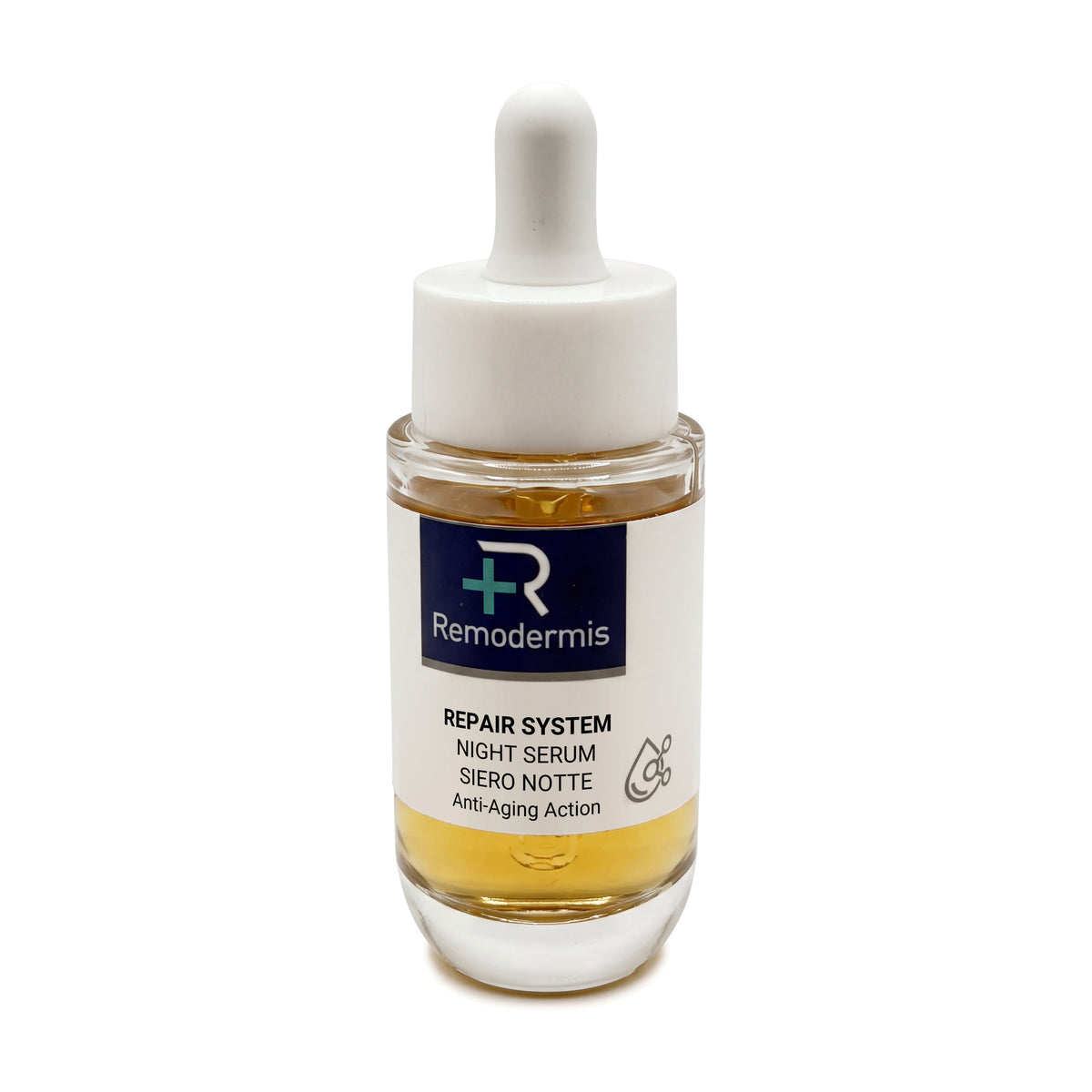 Remodermis Repair System Night Serum 30 ml, siero viso notte anti-age – flacone in vetro con contagocce su fondo bianco